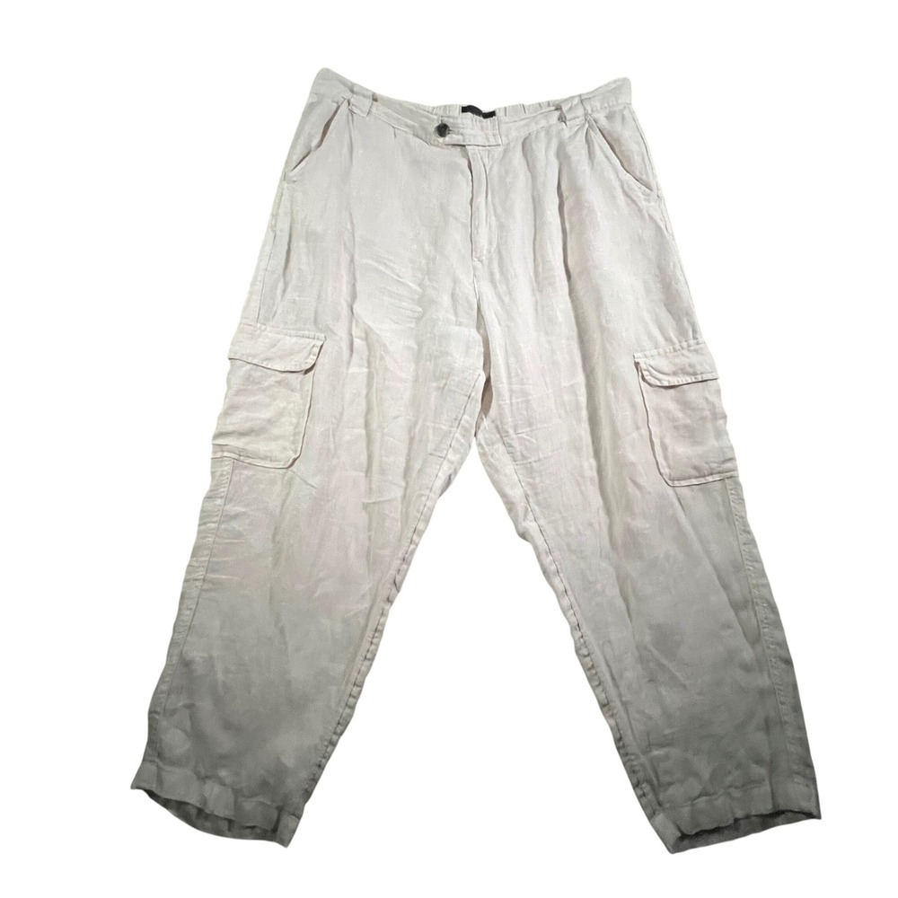 Rachel Rachel Roy Cargo Pants Womens XL Cream 100% Linen Elastic Waist Relaxed